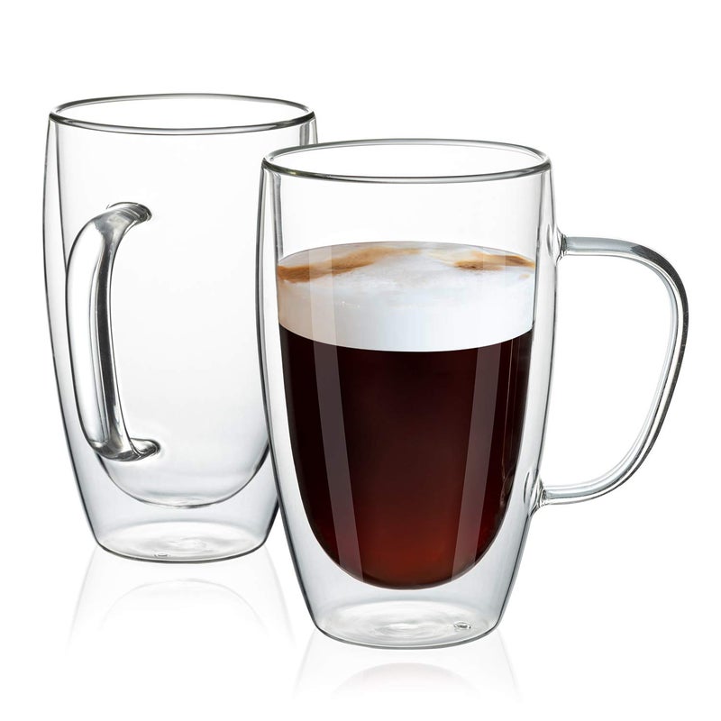 MEWAY 16oz/2 pack Coffee Mugs,Thickened Clear Glass Double Wall Cup with handle for Coffee, Tea, Latte, Cappuccino (16 ozï¼Œ2) - Image 1